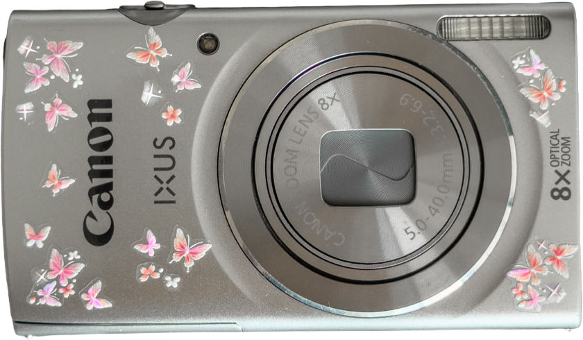 The prize: a silver Canon IXUS 145 compact camera with delicate butterfly decals across the front.