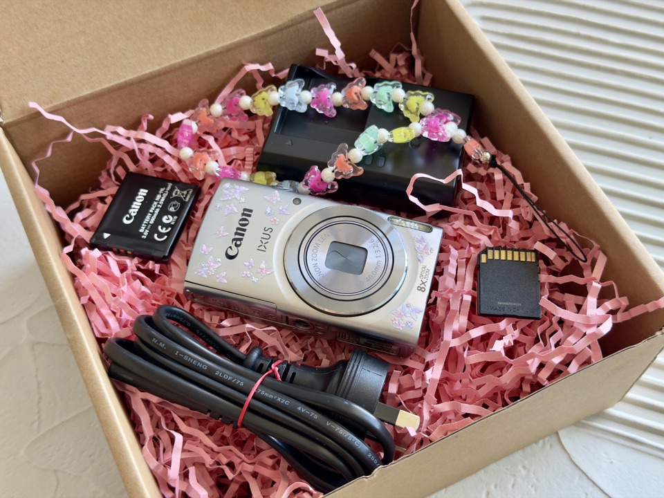 The complete prize packed in a box on pink shred: the silver Canon IXUS 145, its battery, charger, power cable, SD card and the Dear Digi beaded wrist strap.