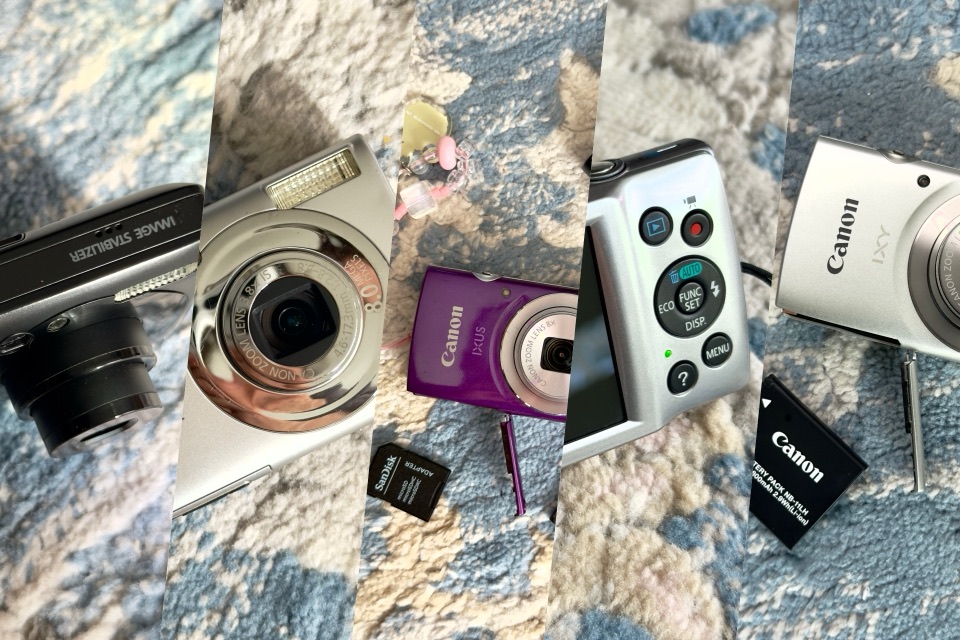 Close-ups of several vintage compact cameras: a zoom lens, an SD card, a battery and the controls on the back of a silver Canon.