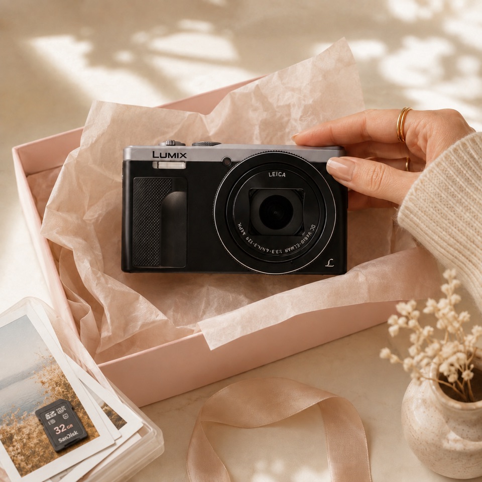 A camera resting in tissue paper inside a blush gift box, a hand settling it into place.