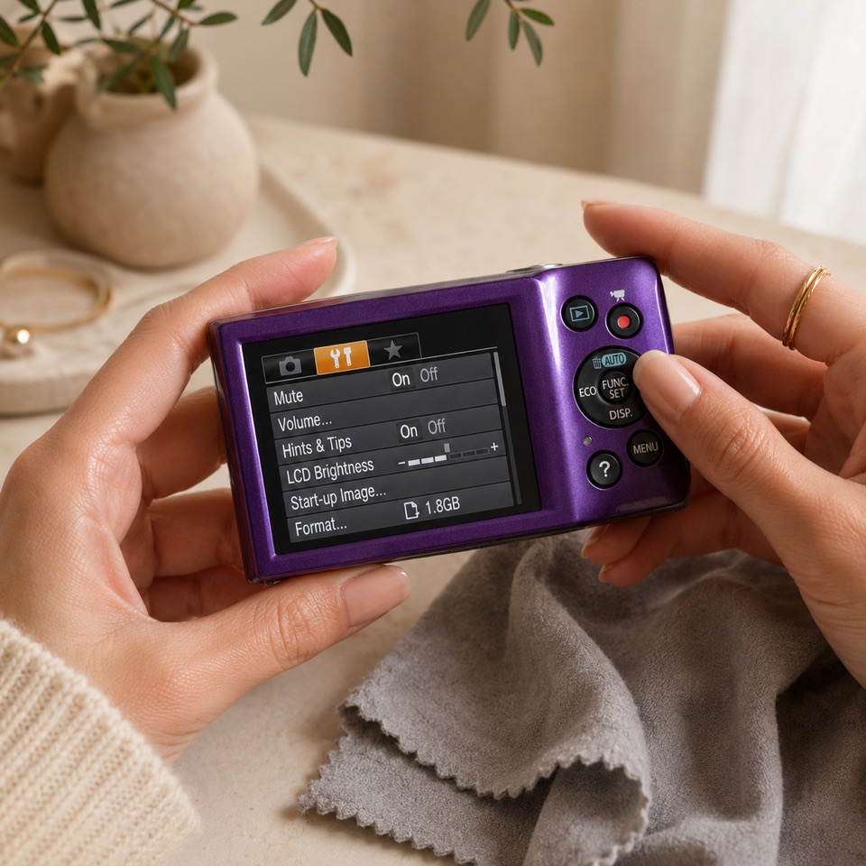 Hands holding a purple compact camera, working through its settings menu, a cleaning cloth beside it.